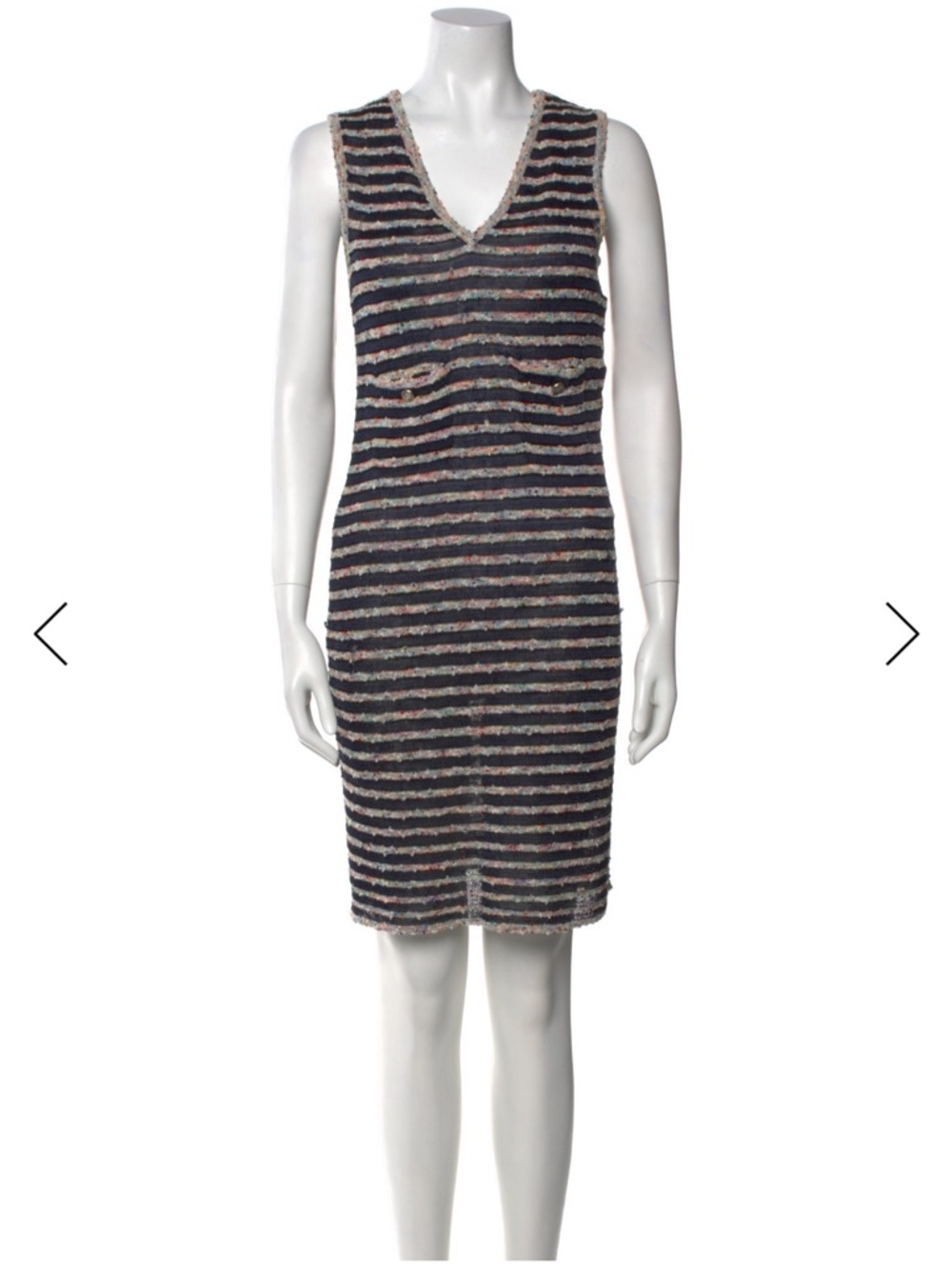 CHANEL Knit V-Neck Sleeveless Dress in Navy and Multicolor